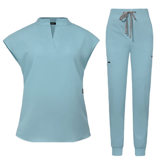 Ensemble de Sarraus pour Femmes, Haut de Sarrau Extensible à Col Montant et Pantalon Jogger à Cordon avec Multiples Poches, Anti-Froissement, Uniforme de Travail Infirmier, Col Montant, Uniforme Confortable, Bleu Pâle