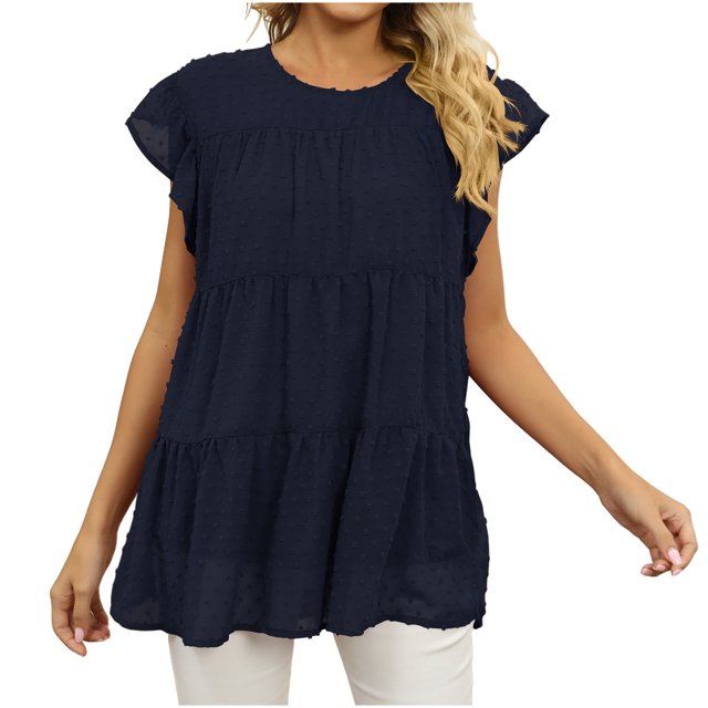 Timegard Hauts pour Femmes Manches Courtes en Chiffon Blouse Ample Légère Col Rond Été Plage Vacances Hauts