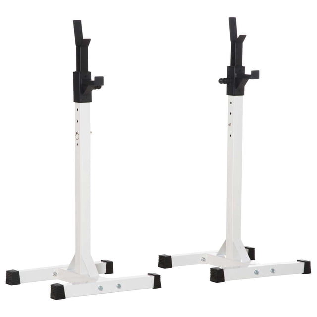 Soozier Squat Rack Weight Liftting Stand Fitness Weight Strength Exercise with two white steel free-standing adjustable stands featuring black locking mechanisms and rubber feet, height adjustable from 41.3 to 63 inches, designed for stable barbell support in home or gym strength training, also suitable for portable workout setups.