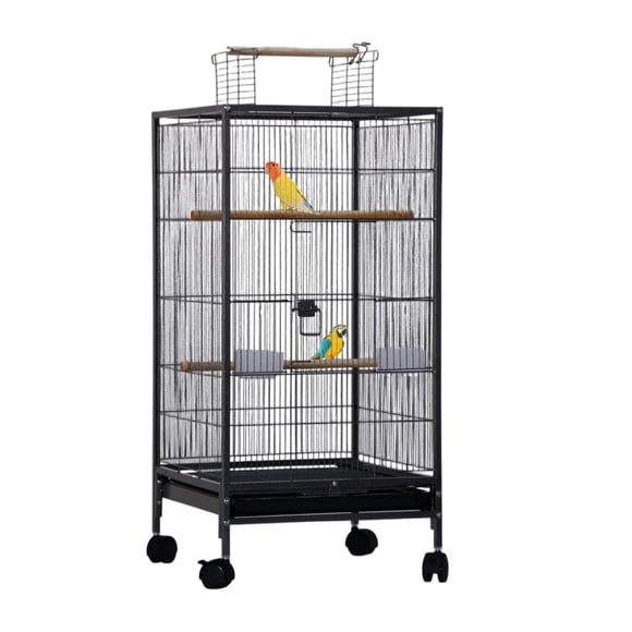 QinaQin 40-Inch Open-Top Parrot Cage with Detachable Rolling Stand Slide-Out Tray Water Bottle and Feeder (Black)