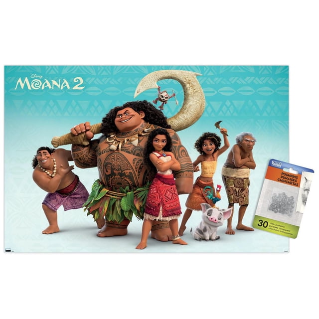 Disney Moana 2 - Affiche Murale de Groupe, 14,725 Pouces x 22,375 Pouces Encadrée, Présentant des Personnages Principaux de Moana 2 Incluant un Grand Homme Tatoué Tenant un Crochet Sculpté, une Fille dans une Jupe Rouge avec des Bras Croisés, une Fille dans une Jupe orange Tenant une Petite Hache, un Homme Âgé dans une Enveloppe à Motifs, un Petit Cochon avec un Coq sur le Dos, et une Petite Figurine Suspendue au Crochet, le Tout sur un Fond à Motifs Bleu Pâle avec un design