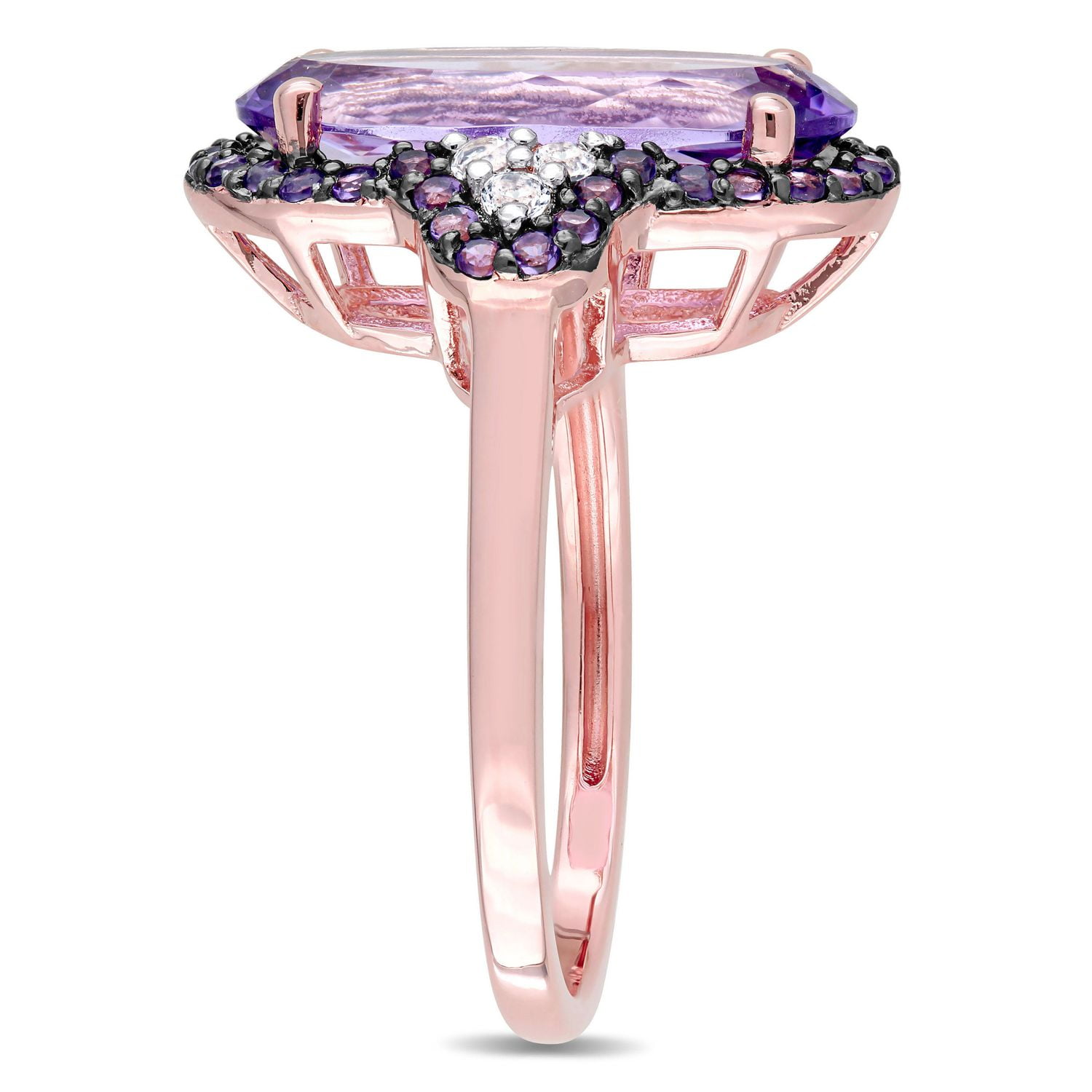 Bague cocktail auréole Tangelo avec améthystes et topazes blanches 3-1/2 CT PBT en argent sterling plaqué de rhodium rosé