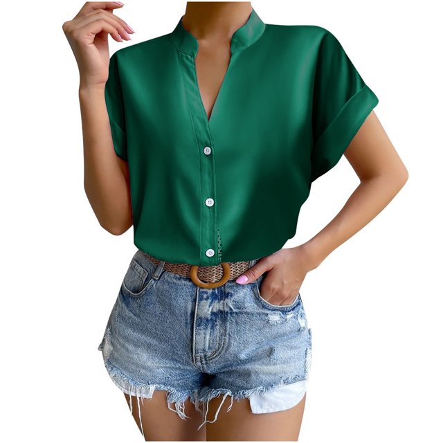 Birdeem Women Solid Color Tops Button V Neck T-Shirts Blouse