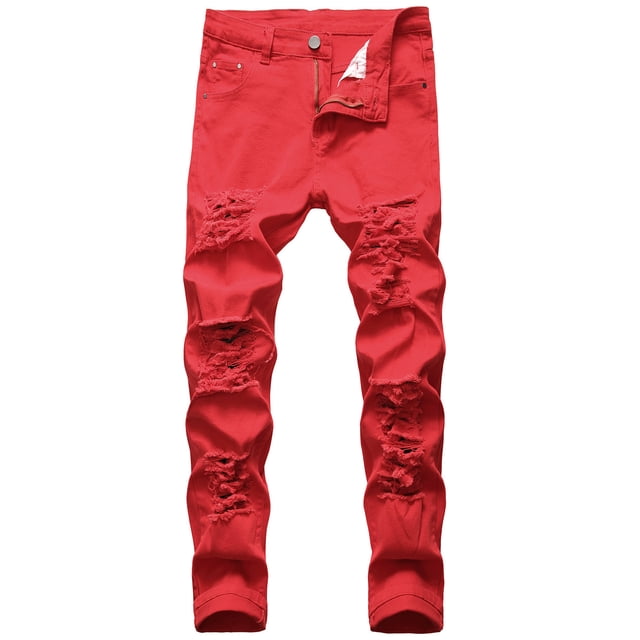 B91xZ Mens Ripped Jeans Distressed Patchwork Straight Leg Skinny Denim Pants,Red 38