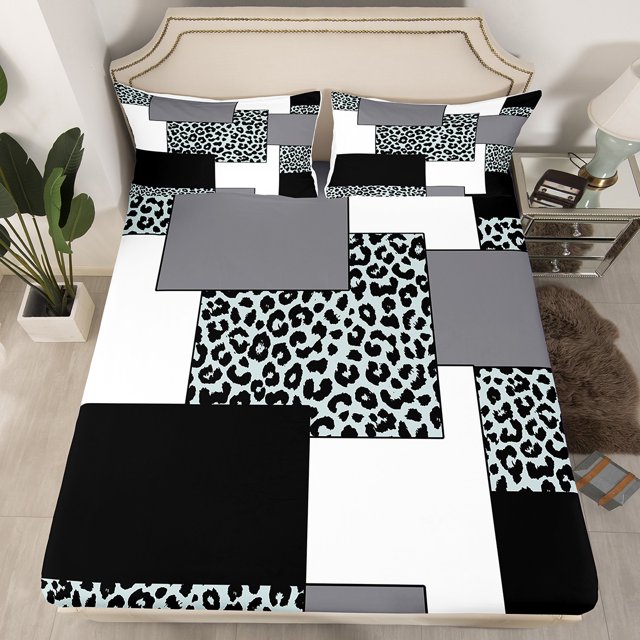 YST Modern Farmhouse Fitted Sheet,Black Grey Striped Bed Sheets Full,Geometric Bed Set,Leopard Pattern Bedding Set with 2 Pillowcases Deep Pockets,no Flat Sheet(No Top Sheet)