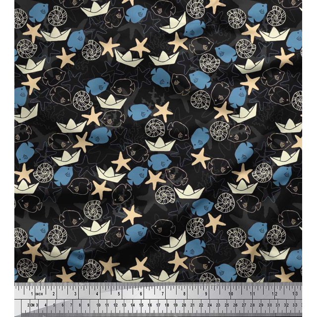 Soimoi Poly Georgette Fabric Paper Boat,Fish & Starfish Ocean Print Fabric by Yard 42 Inch Wide