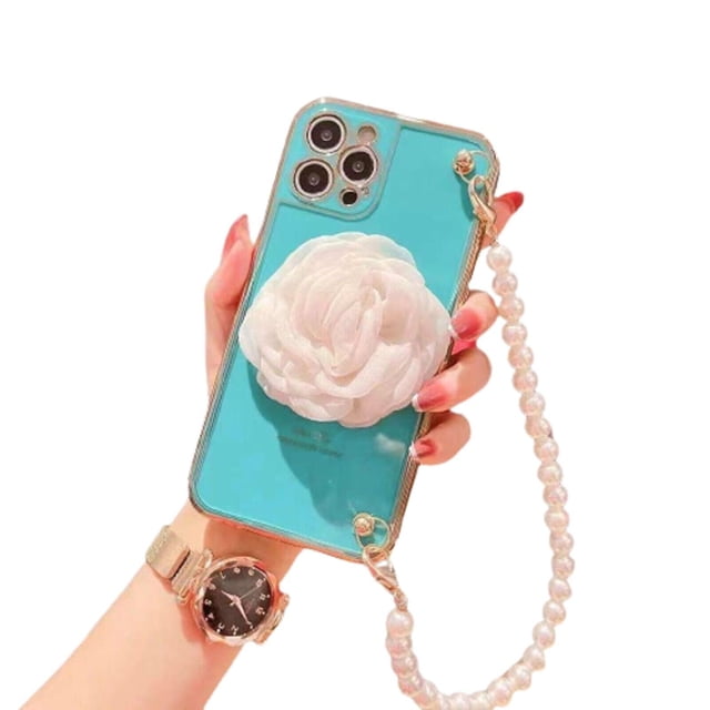 iPhone 12 Pro Heavy Duty Case Wrist Chain Bracelet Luxury Flower Style Cover - Blue