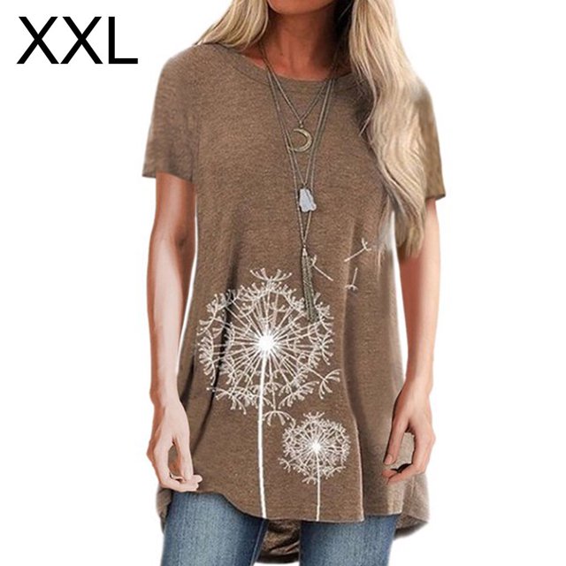 yingyy Femmes T-shirt Imprimé Casual Chemisier Manches Courtes Col Rond Top, Bleu, S Café XXL