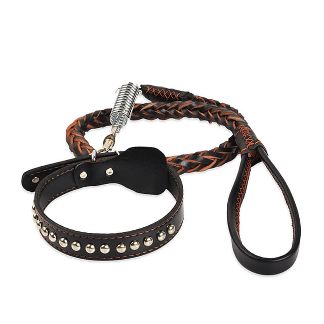 Ruiboury Pet Collar and Leash Set Modern for Large Medium Animal Leather Training Rope and Choker Kit Anti-slip black