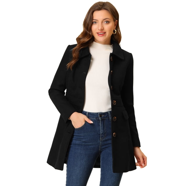 INSPIRE CHIC Women's Peter Pan Collar Single Breasted Mid Length Overcoat Black L