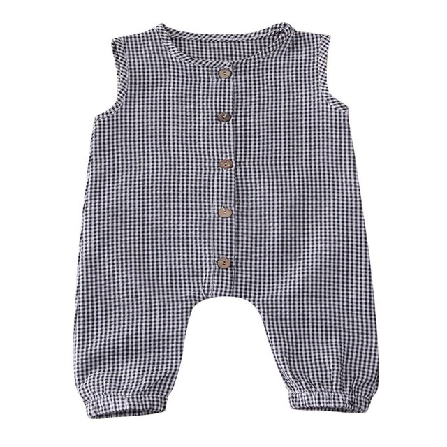 Barboteuse Sans Manches pour Bébés Filles Garçons à Carreaux avec Boutons Combinaison une Pièce