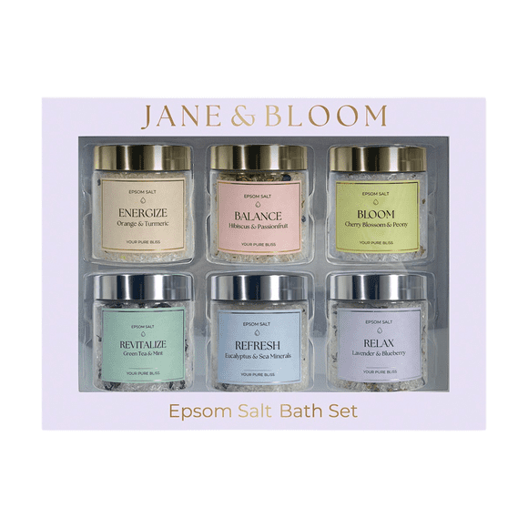 Epsom Salt Bath Gift Set – 6 Aromatherapy Blends with Essential Oils – Bath & Body Gift Set for Women, Stress Relief, Self Care, Birthday Gifts – Jane & Bloom