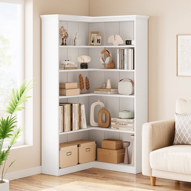 L Shaped Corner Bookshelf 5 Tier Large Wood Display Bookshelf 90° Corner Standing Bookcase