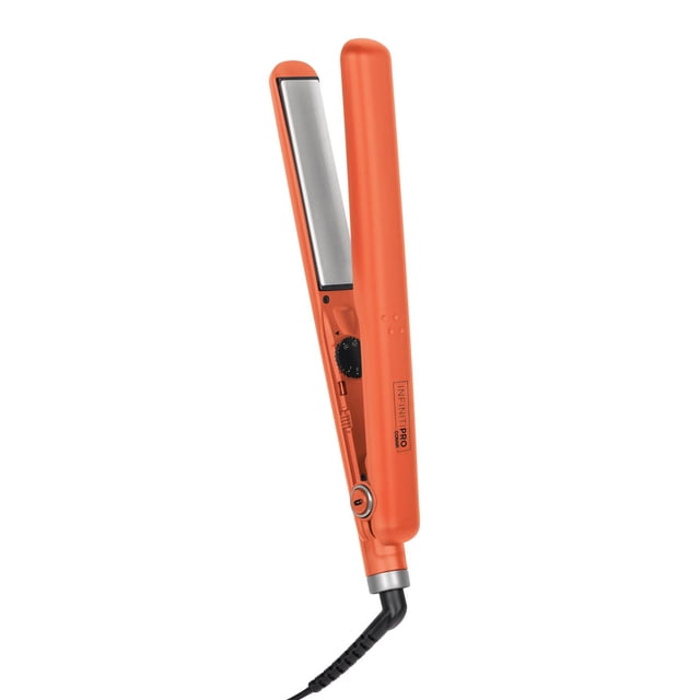 iInfinitipro by Conair 1" 3x Ceramic Flat Iron in orange with 1-inch floating ceramic plates for even heat and anti-frizz control, adjustable temperature dial up to 410°F, handle lock, and swivel cord, ideal for all hair types and precise straightening.