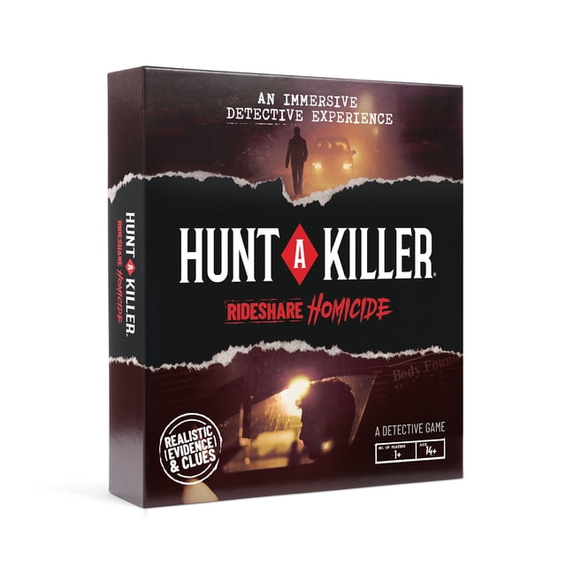 Hunt A Killer: Rideshare Homicide murder mystery game box with dark tones featuring a silhouette of a person walking toward a car with headlights on and a side profile of a passenger inside a car, emphasizing realistic evidence and clues for ages 14 and up, suitable for immersive detective game nights.
