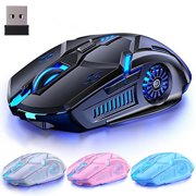 YOPTOP Rechargeable Wireless Gaming Mouse 2.4G LED Optical Silent Wireless Computer Mouse with 7 LED Light 4 Adjustable DPI 1200/1600/2400/3200 Ergonomic Design Wireless Mouse for Lapto,black