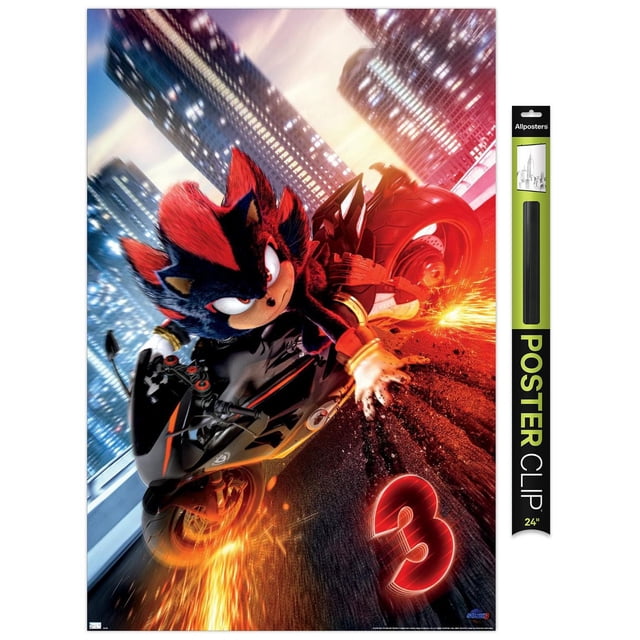 Sonic the Hedgehog 3 - Affiche Murale d'Une Feuille de Moto de l'Ombre, 14,725 Pouces x 22,375 Pouces Encadrée, Représentant Shadow the Hedgehog Chevauchant une Moto Noire avec des Détails orange, des Étincelles Volant du Pneu Arrière dans une Rue Nocturne de la Ville avec des Gratte-Ciel Illuminés, Convient à la Décoration Murale de Chambre Ou de Bureau.