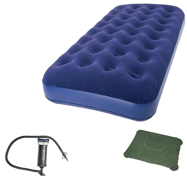 Zaltana Matelas Pneumatique Format Simple avec Pompe à Double Action et Ensemble Oreiller Gonflable. le Matelas Pneumatique de camping Mesure 73 Pouces par 38 Pouces par 7,5 Pouces et Présente un Matériau Doux pour Sieste en Bleu. Comprend une Pompe à Air Manuelle d'Une Capacité de 700 ml X2 et Deux Oreillers Gonflables Mesurant 17 Pouces par 10 Pouces par 4,5 Pouces. Idéal pour la Maison et le camping avec Fermeté Réglable et Soutien en Spirale.