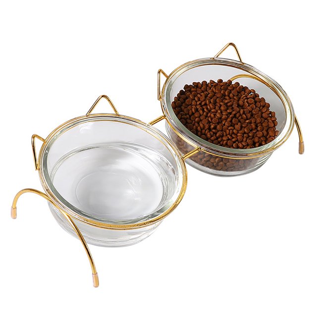 2PCS Glass Pet Bowl Neck Protection Cat Water Bowl Cat Food Bowl with Iron Stand