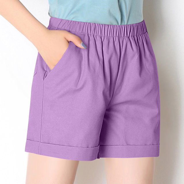 Ovticza Shorts en Lin pour Femmes Taille Élastique Décontractée Shorts de Plage Confortables avec Cordon Violet 3TG