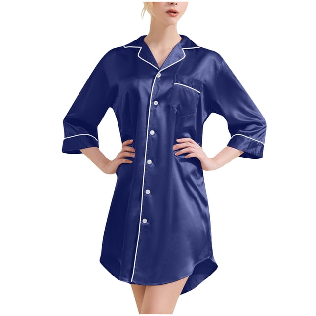 Besolor Chemise de Nuit en Satin pour Femme à Boutons, Robe Chemise à Manches 3/4, Décontractée et Confortable, Pyjama de Nuit