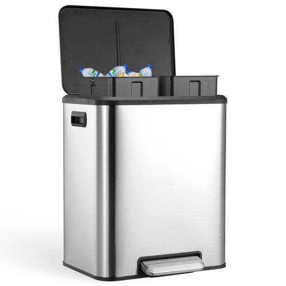 Poubelle de Cuisine à Double Compartiment 2 x 4 Gal (2 x 15 L) – Acier Inoxydable – Seaux Amovibles – Pédale à Marche en Douceur – Bac de Recyclage et à Ordures, Acier Inoxydable Couleur Naturelle Ponçage Joint Huile
