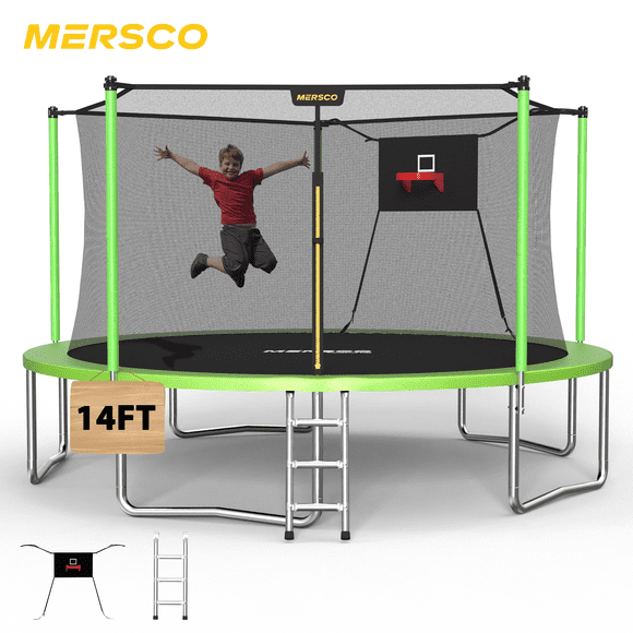 Mersco Trampoline de 14 Pi pour Jouer, Trampoline Extérieur Robuste pour Enfants, Trampoline de Cour Arrière avec Filet de Sécurité, Panier de Basketball et Échelle pour le Plaisir en Famille, Conception de Filet Interne Sécuritaire
