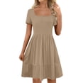 thumbnail image 1 of Robe d'Été pour Femme à Encolure Carrée, Mignonne, à Manches Courtes, Taille Haute, Robes Décontractées Évasées Ligne A, à Volants, Kaki, P, 1 of 6