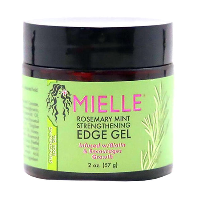 Mielle Organics Rosemary Mint Strengthening Edge Gel in a 2 oz (57 g) jar. The product features a green label with pink and white text, highlighting its biotin-infused formula for edge growth and hydration. The jar has a black lid and displays rosemary and mint graphics.