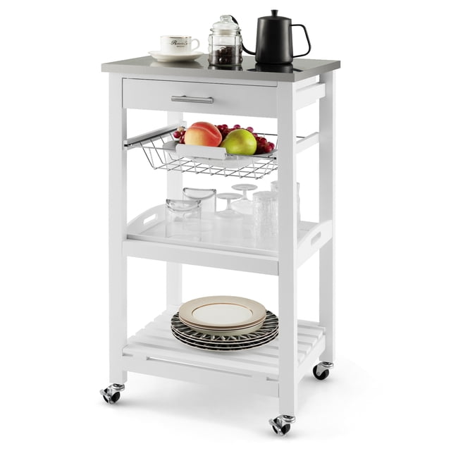 Costway Compact Kitchen Island Cart Rolling Service Trolley with Stainless Steel Top Basket, featuring a 4-tier design with a stainless steel tabletop, drawer, metal storage basket, removable tray, and bottom shelf. The white cart includes universal wheels with lockable casters for smooth mobility and stability. Perfect for kitchen storage, bar serving, or as a coffee bar utility cart.