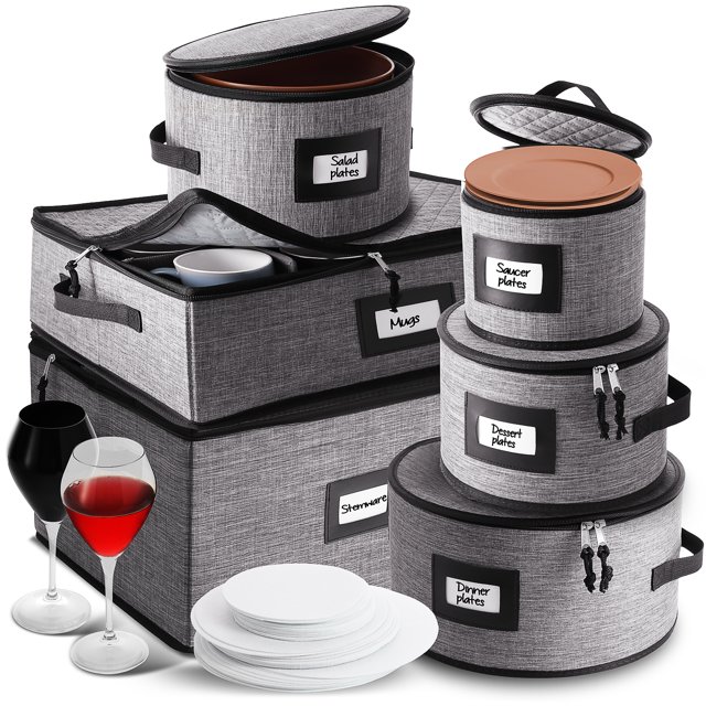 StorageBud 6pc Dinnerware Storage Container Set with Dividers, for Plate, Cup, Flatware, Stemware, & Platter Sets, Securely Padded, Hard Shell & Stackable, Handles & Zippers for Transport