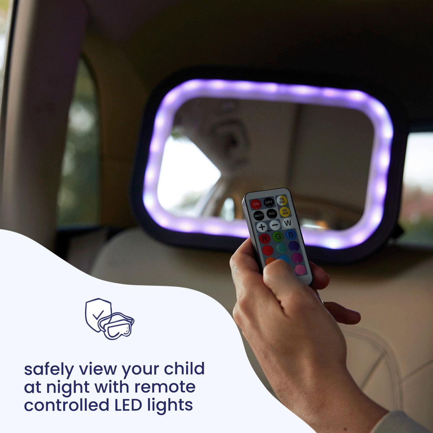 GoldBug Glow Rétroviseur de siège d’auto pour bébé orienté vers l’arrière, télécommande LED réglable, noir