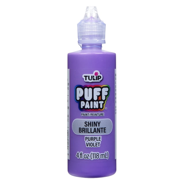 Tulip Puff Dimensional Fabric Paint purple 4 fl. oz. bottle with clear precision tip for creating shiny, puffy 3D texture on fabric. Permanent, flexible, and machine washable paint suitable for crafts, apparel, and DIY projects.