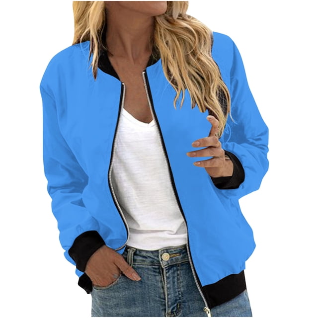 Veste Mode pour Femmes Décontractée à Col Montant, à Fermeture Éclair, Manteau Léger d'Automne, Vestes à Blocs de Couleur avec Poches, Bleu, TG