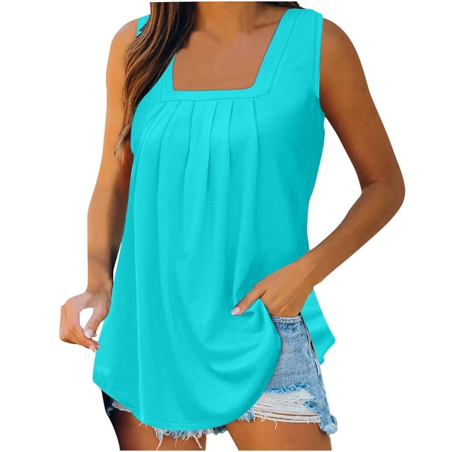 Timegard Womens Tank Tops Solid Color Square Neck Pleated Sleeveless Dressy Casual Tunic Top Basic Tee