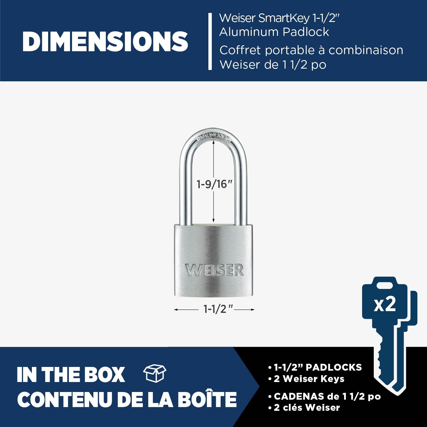 Cadenas Weiser en aluminium avec clé et anse en acier trempé, pour usage intérieur et extérieur, idéal pour le rangement. Corps de 40 mm (1-9/16 po), anse de 22 mm (7/8 po).