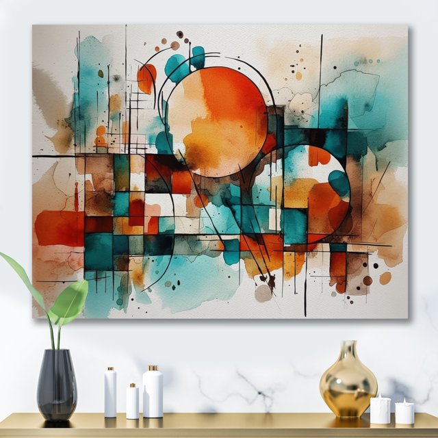 Designart Abstract Geometric Oversized Wall art decor, Geometric Wall art, Energetic Geometric Patterns in Orange , Orange Modern Canvas wall art, 32x24 inches