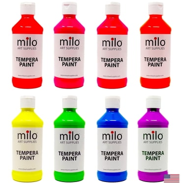 milo Fluorescent Tempera Paint Set of 8 Colors | 8 oz Bottles | Made in the USA | Washable and Non-Toxic Neon Art & Craft Poster Primary Paints for Artists, Kids, & Hobby Pain