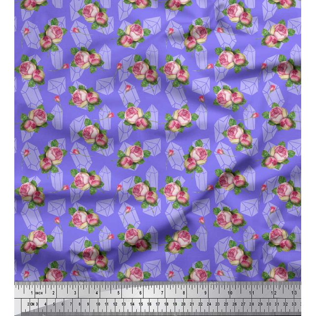 Soimoi Purple Poly Georgette Fabric Leaves & Grandiflora Roses Floral Print Fabric by the Yard 52 Inch Wide