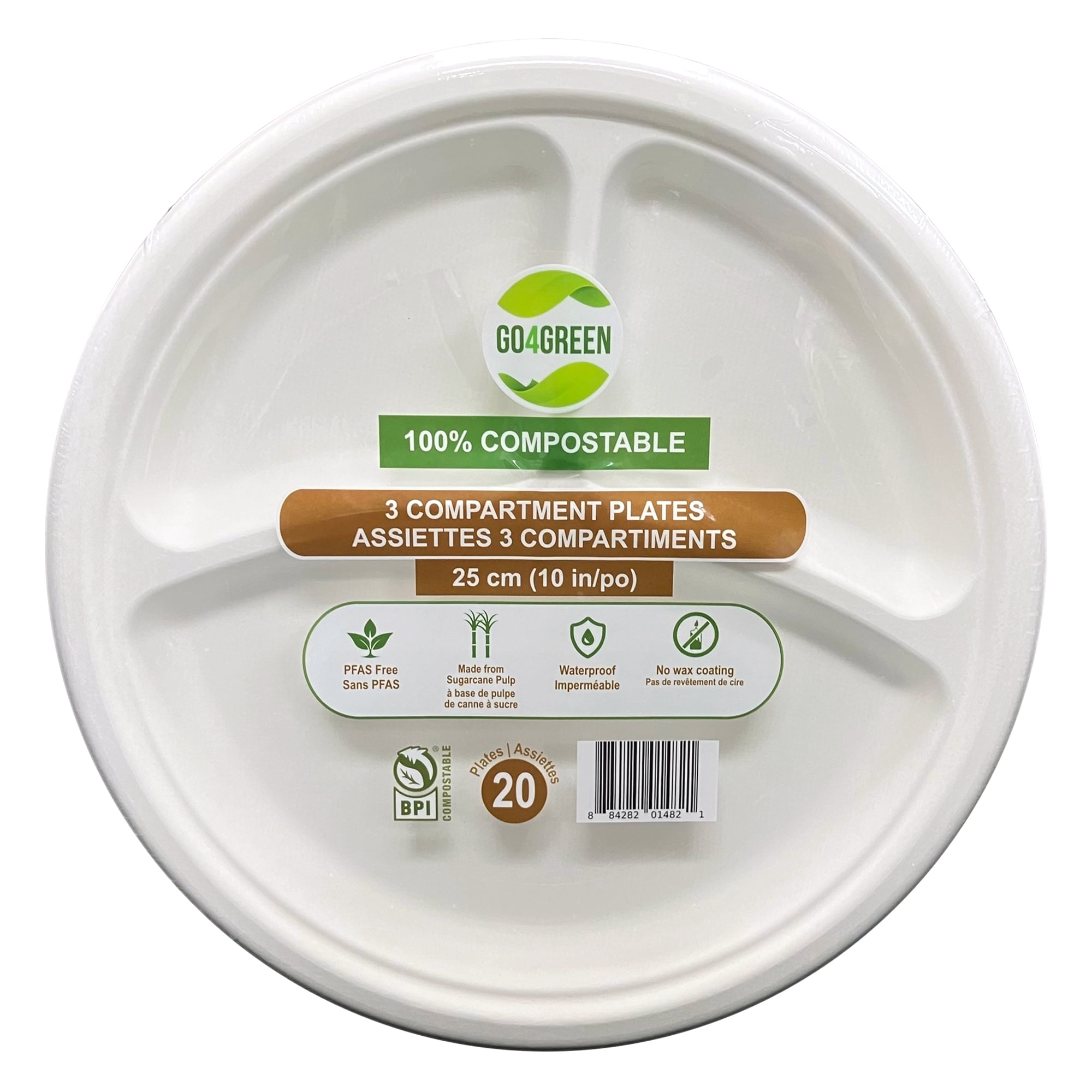 Go4Green Assiettes 3 Compartiments Compostables de 10 Po, 20 Pcs