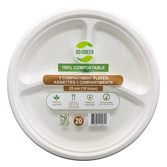 Go4Green Assiettes 3 Compartiments Compostables de 10 Po, 20 Pcs
