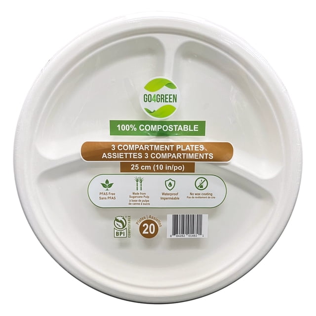 Go4Green Assiettes 3 Compartiments Compostables de 10 Po, 20 Pcs