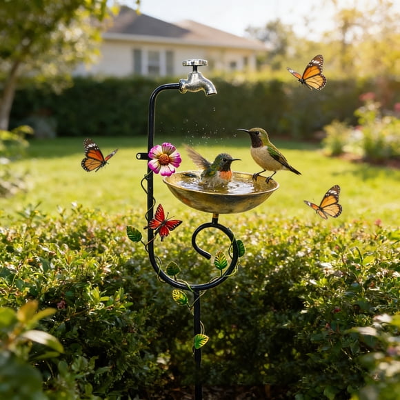 Metal Bird Feeder Bird Bath Fountain with Garden Stake, Black, Faucet Style, Ground Insert Planter, 142 x 30 cm, Outdoor Garden Yard Decor, 1 pc