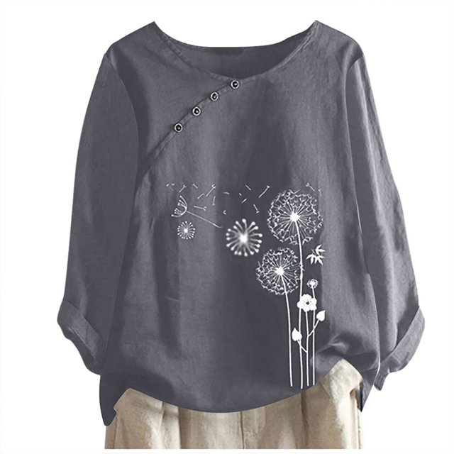 CHUANK Hauts pour Femmes en Liquidation à Moins de 10$ Hauts pour Femmes Décontractés Printemps Été Manches Longues Coton Lin Imprimé Graphique Pissenlit Col Rond Blouses Vintage Grande Taille