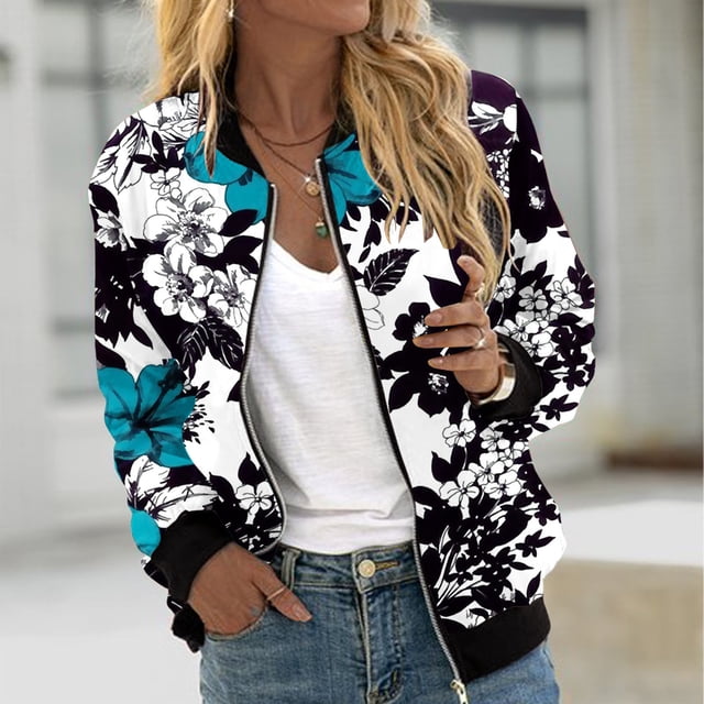 EQWLJWE Liquidation d'Économies d'Été! Veste Bomber de Baseball Zippée à Poches Imprimées Décontractée pour Femmes, Manteau