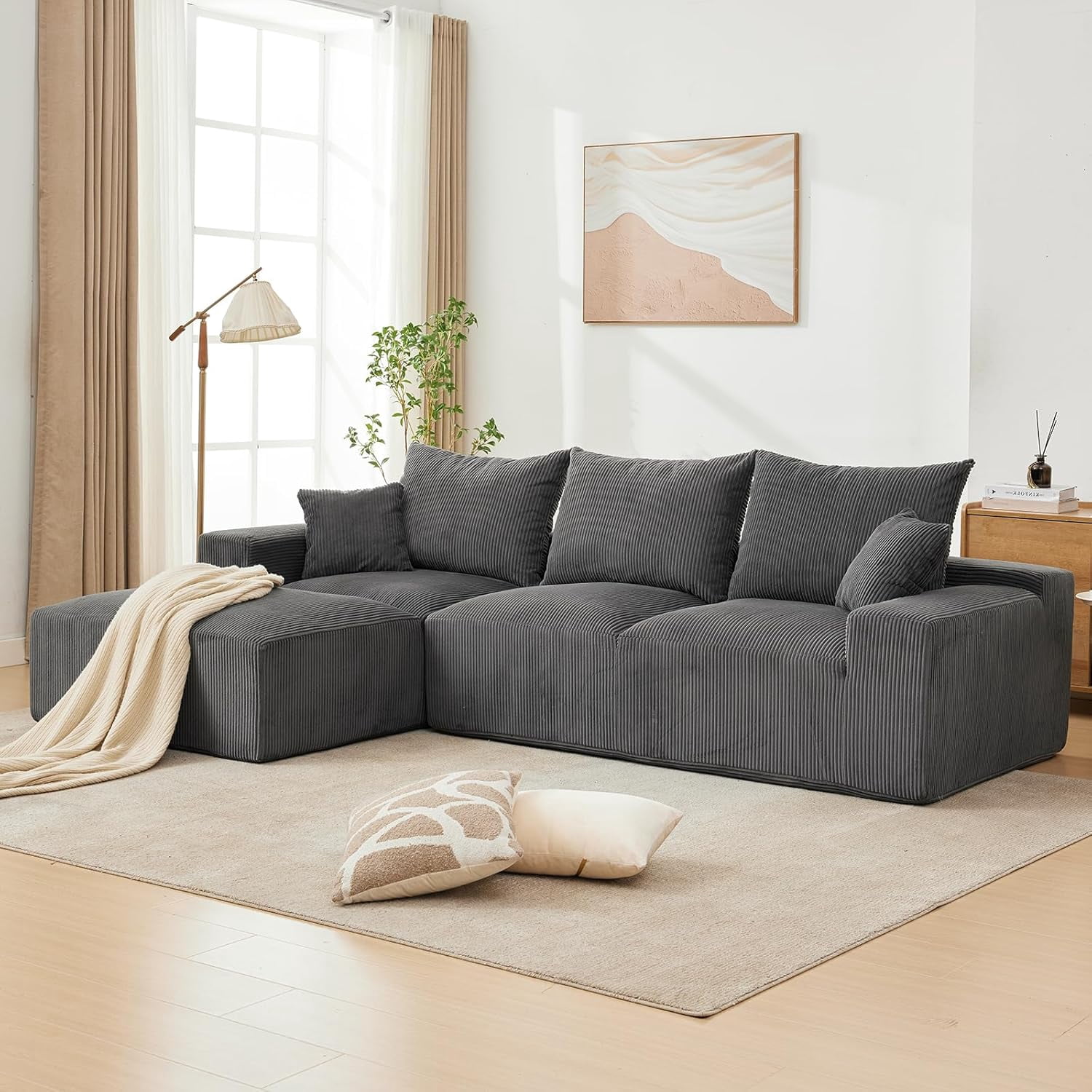 110 in Oversized L-Shaped Sofa, Cloud Sectional Couch with Left Chaise & Throw Pillows, Soft Corduroy Boneless Memory Foam Sofa for Living Rooms, Apartments, Dorms, Grey