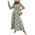 thumbnail image 1 of Robe Maxi Évasée à Imprimé Floral pour Femme, Col en V, Manches Longues, Décontractée, Portefeuille, Automne, Plage, Évasée, Vert, P, 1 of 9