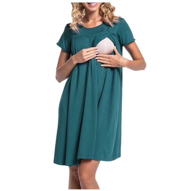 Bwiyojiz Tailles P-TTG Robe de Maternité Vêtements d'Accouchement pour Femmes Enceintes Manches Courtes Allaitement Ouvert Jupes pour Femmes Robes à Col Rond