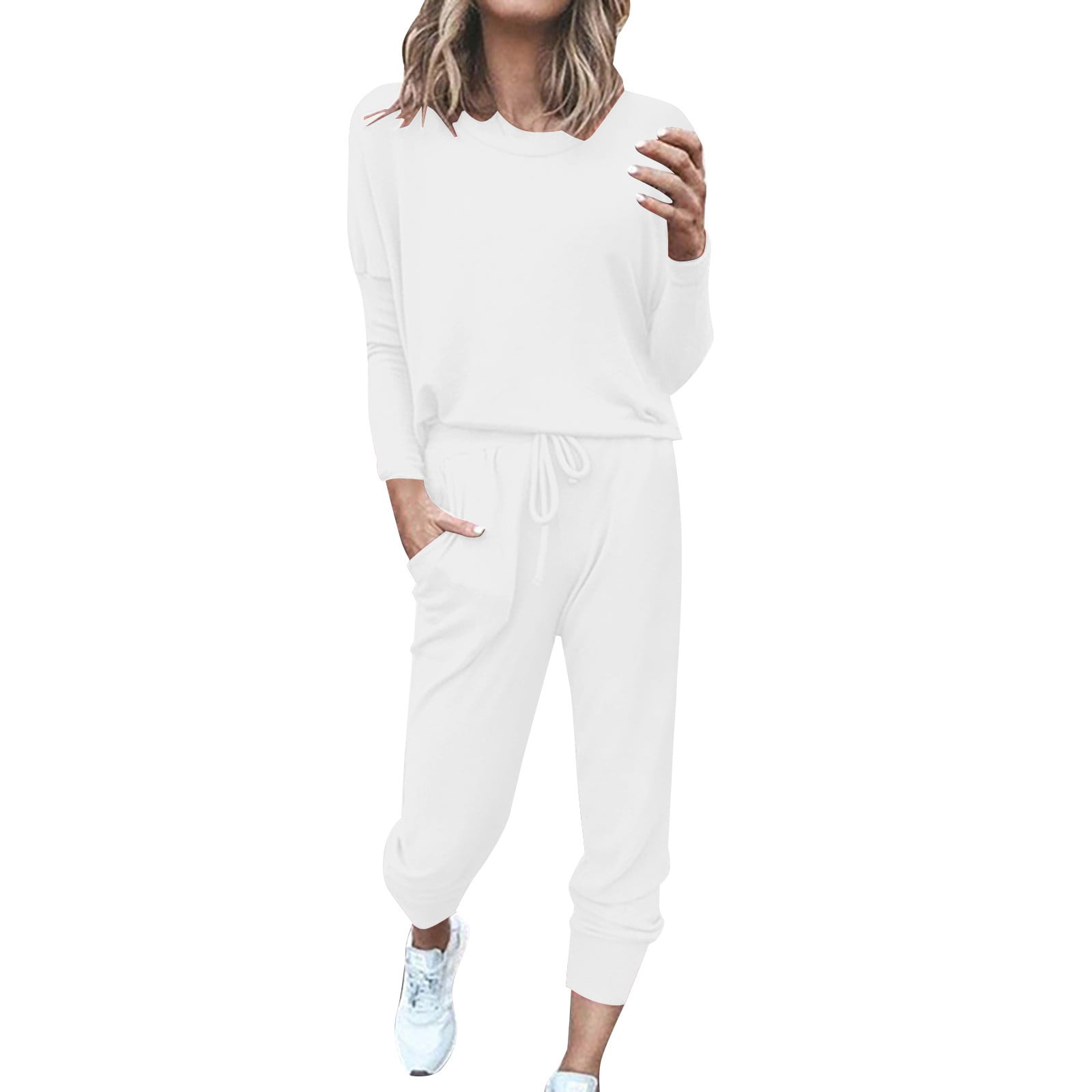 GZWYHT Sets for Women Long Sleeve Sets for Women Women Solid Color Long Sleeve Loose Long Pants 2 Set Lounge Sets for Women Track Suits for Women Set White XL