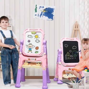 Costway Chevalet Artistique pour Enfants à Hauteur Réglable, Magnétique, Planche Double Face avec Accessoires, Rose